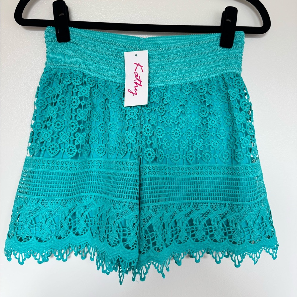 Kathy Womens Large Turquoise Knit Stretch Elastic Waist Shorts Boho Blue Crochet - Picture 5 of 9